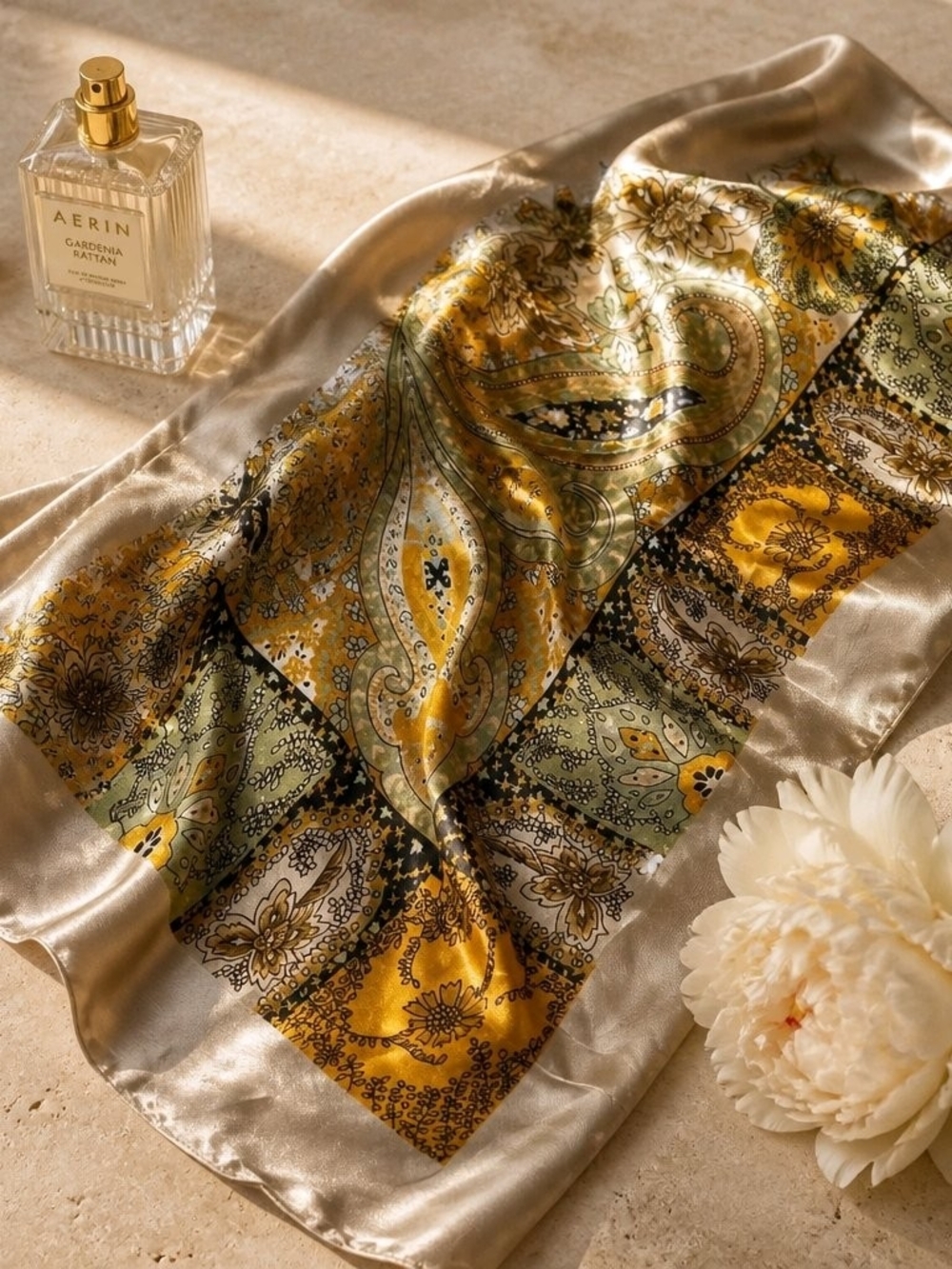 AERIN Gold and Sage Paisley Satin Scarf Accent